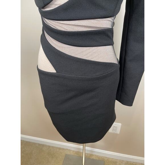 PatBO Spiral One Sleeve Black Illusion High Neck Asymmetric Mesh Mini Dress Sz 0 - Picture 8 of 14